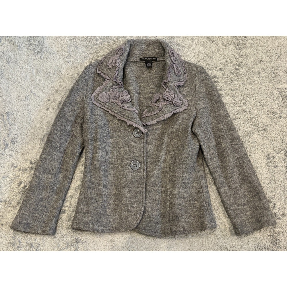 Elena Solano Sweater Womens PS Gray Cardigan Jacket 100% Boil Wool Heavy Floral